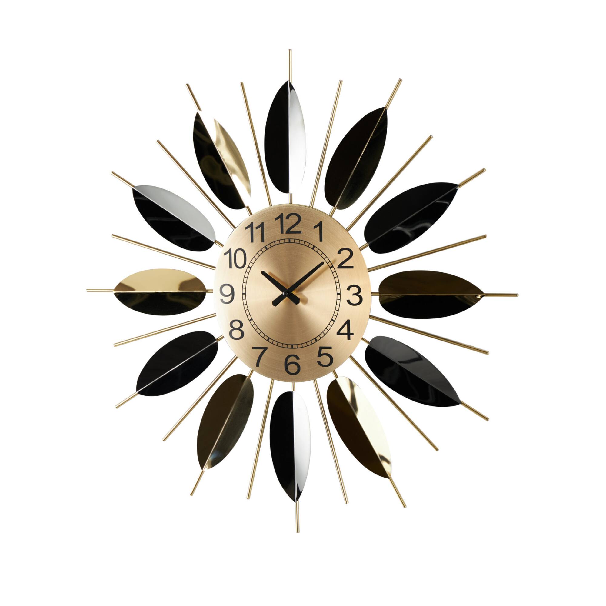 26" Gold Stainless Steel Metal Leaf Radial Decorative Wall Clock with Black Accents
